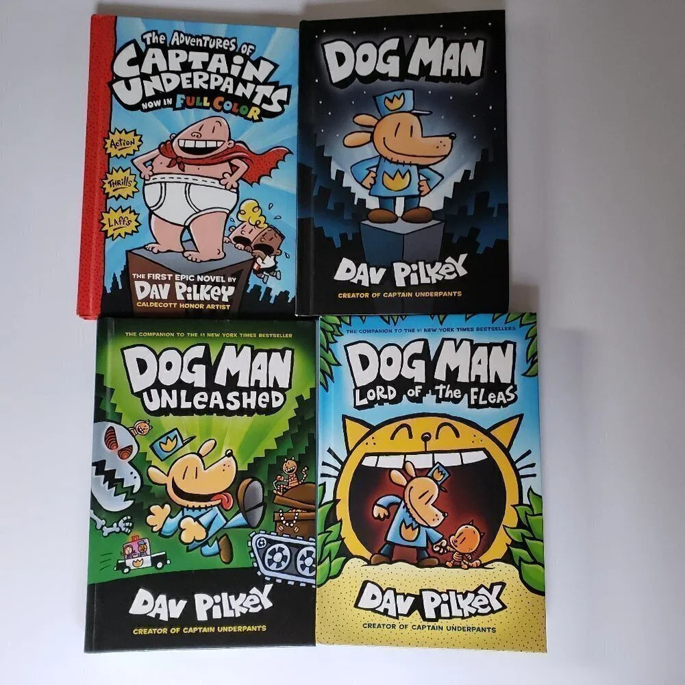 Lot of 4 Hardbound Kids Books By Author Dav Pilkey Dog Man + Captain Underpants